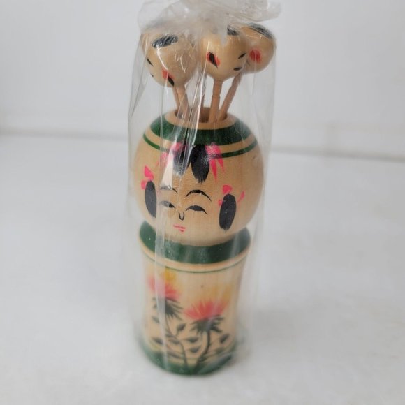 Vintage Kokeshi Doll MC Toothpick Hors d'Oeuvre Cocktail Pick Holder 5 Picks Box